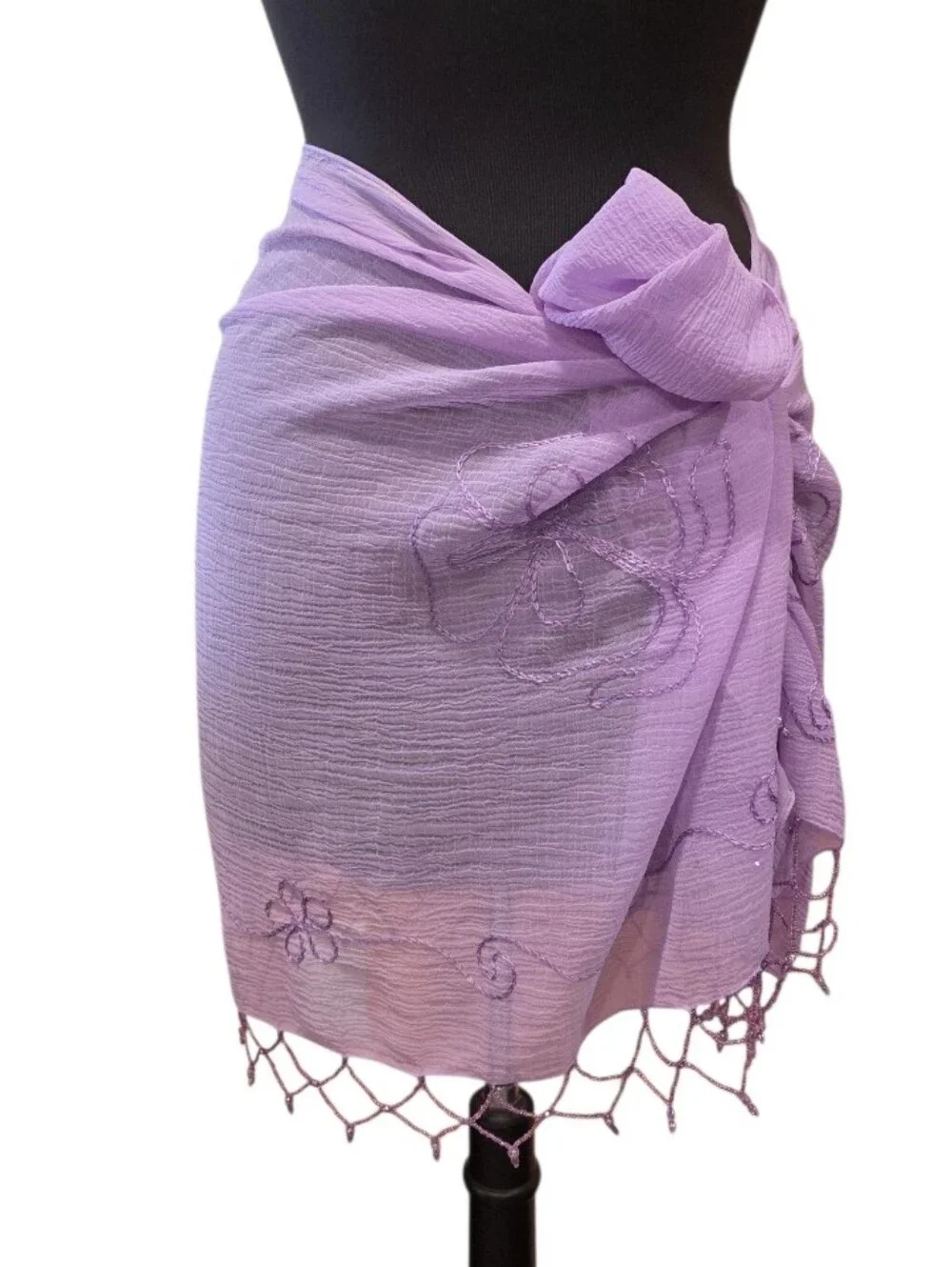 Vintage Y2K Sheer Shawl Lavender Embroidered Wrap Scarf Beaded Fringe